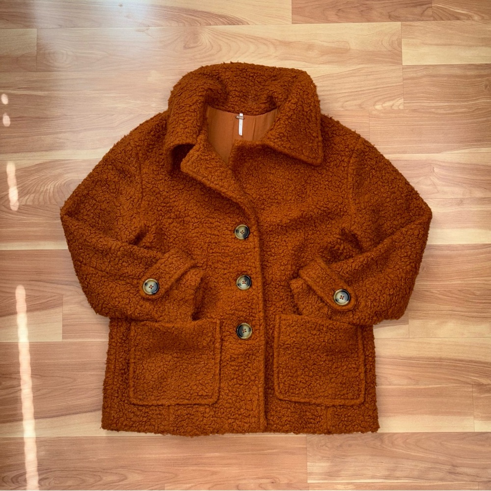 Free people Burnt Orange Shearling Sherpa Teddy Peacoat Jacket Size Medium Cozy - Picture 11 of 15